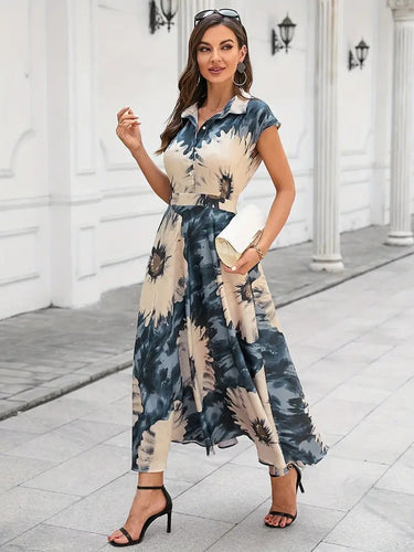 My Western Cotton Fit and Flare Printed Cap Sleeve Coller-Neck Casual Maxi Dress My Western